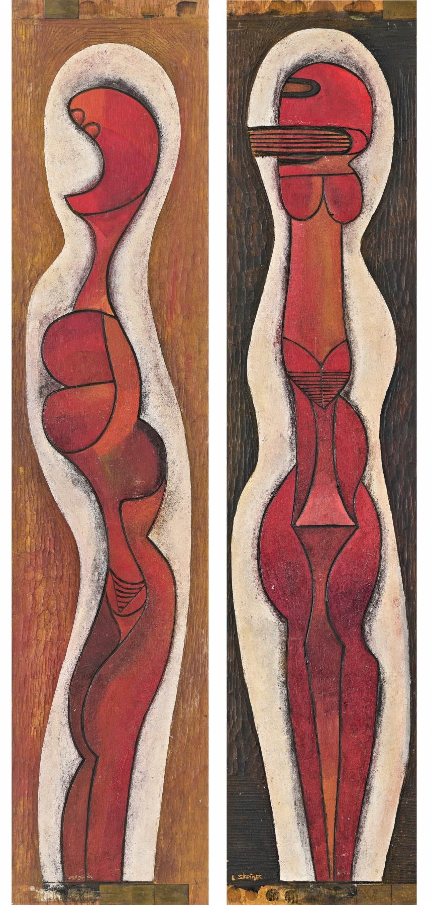 Cecil Skotnes

Totems - diptych, c.&amp;nbsp;1987

Pigments on incised wood panels; diptych

100 x 22 x 3.3 cm (39.4 x 8.7 x 1.2 in)

Enquire