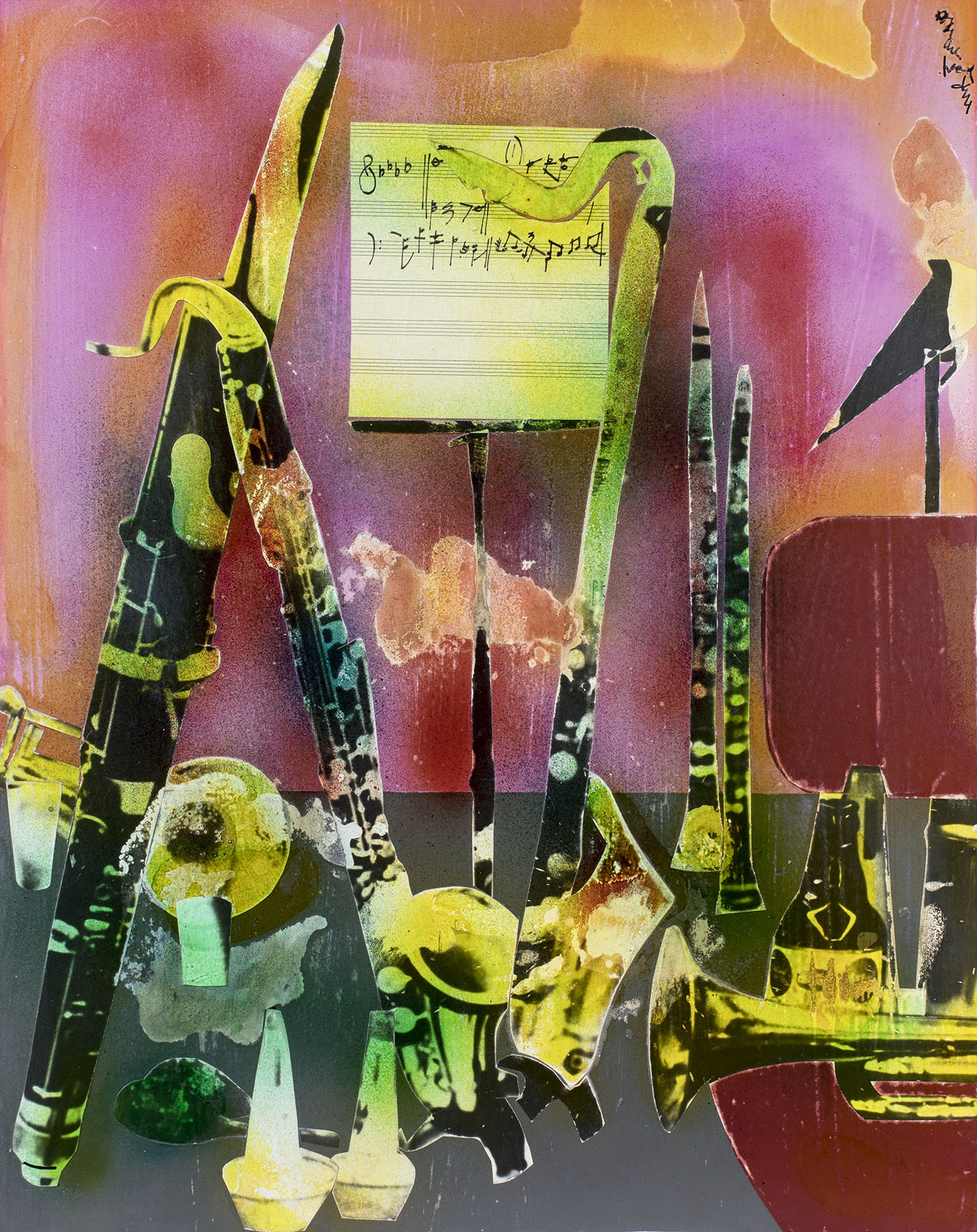 Of the Blues: Intermission Still-Life, Instruments of Dixieland, 1964&amp;nbsp;
Mixed media collage of various papers on board
28 x 22 in.
Enquire
