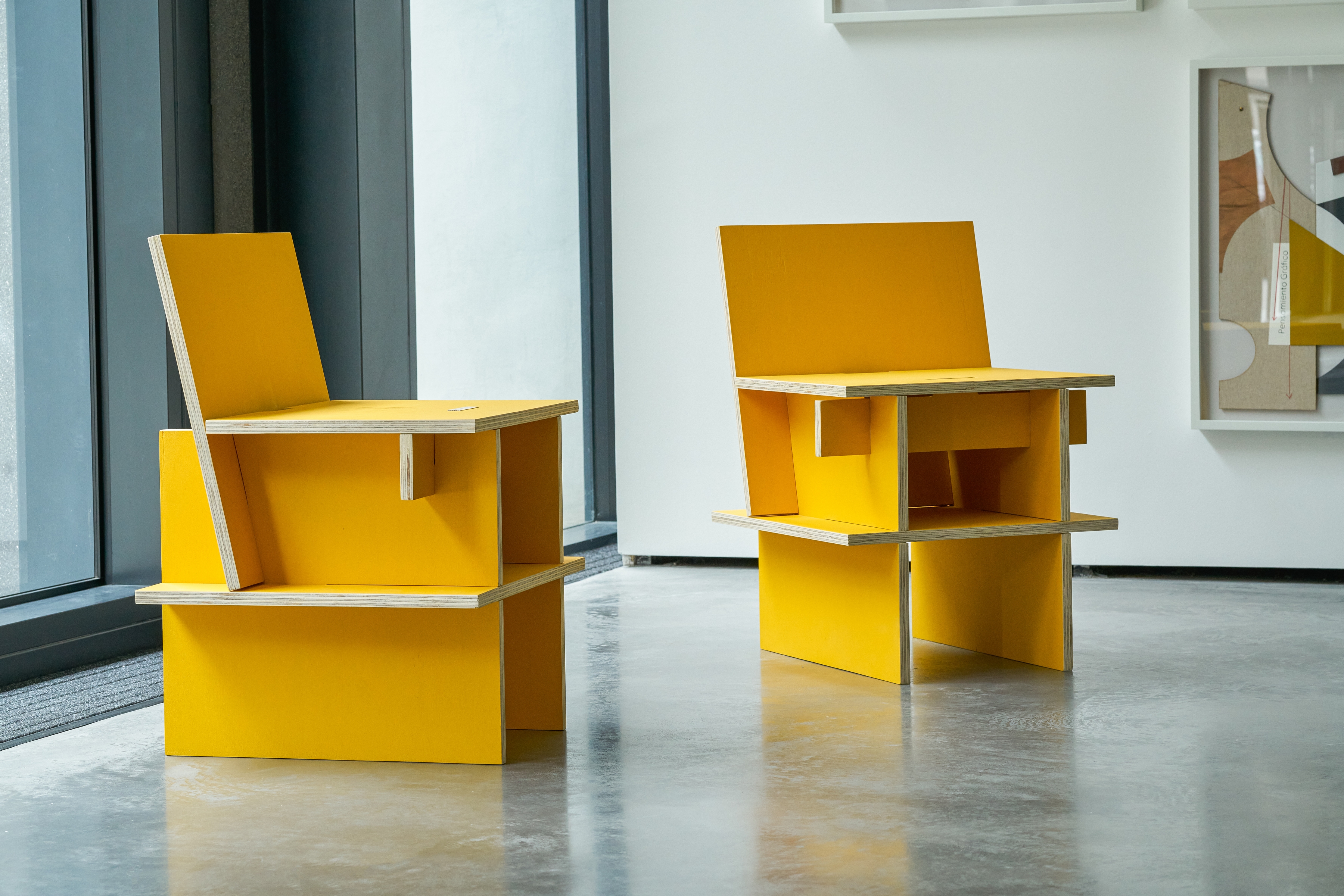 Mateo L&oacute;pez
Sillas N&uacute;cleo (two chairs)
2020
Wood, turmeric &amp;amp; acrylic paint, varnish
Work: 74 x 50 x 50 cm
Flatpack each chair: 50 x 50 x 10 cm
Unique

Sales enquiries