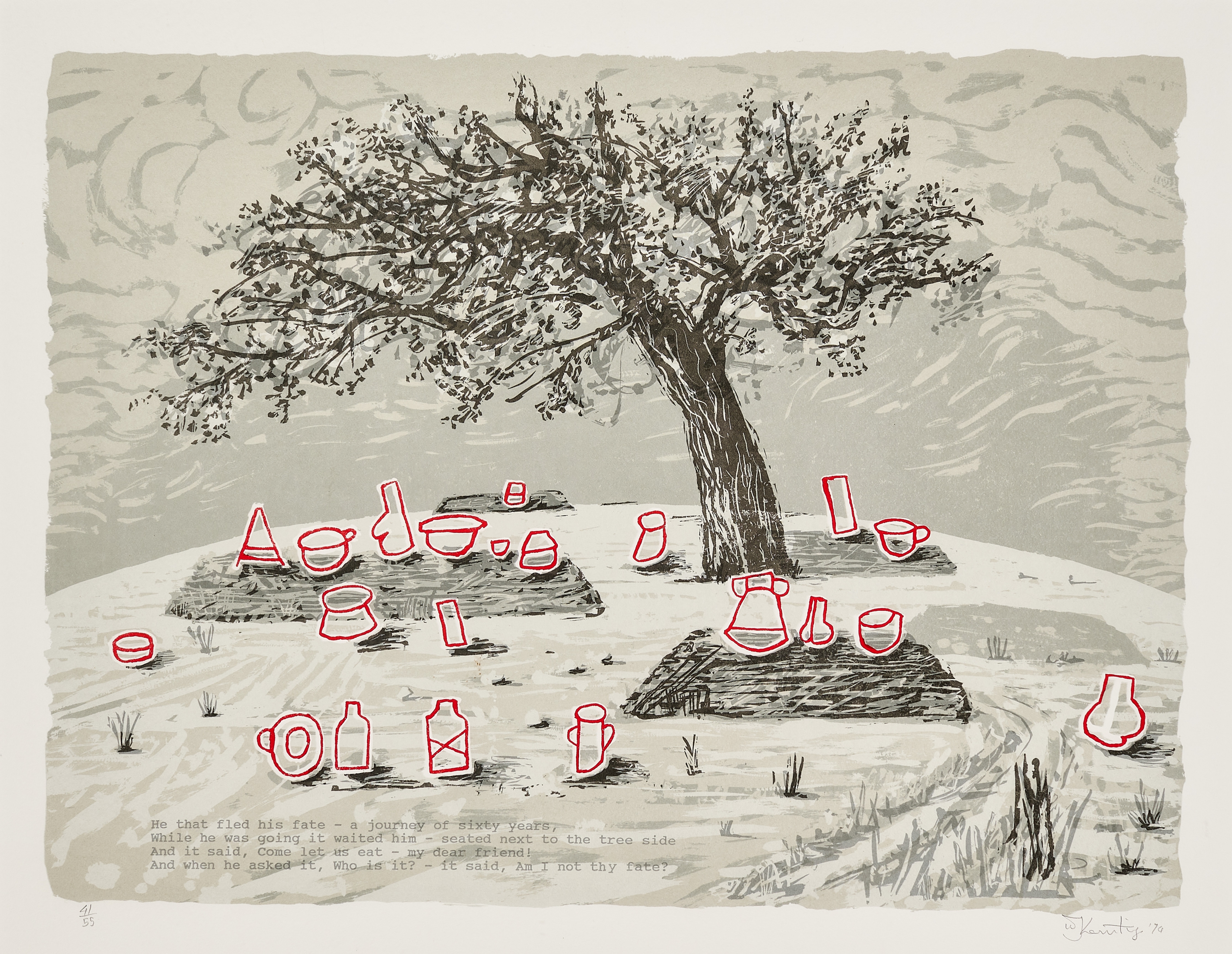 William Kentridge

My dear friend (He that fled his fate) &amp;ndash; Mbinda Cemetery, 1994

Silkscreen on paper in 6 colours

64 x 76.5 cm (25.2 x 29.9 in)

Edition 41 of 55

Enquire