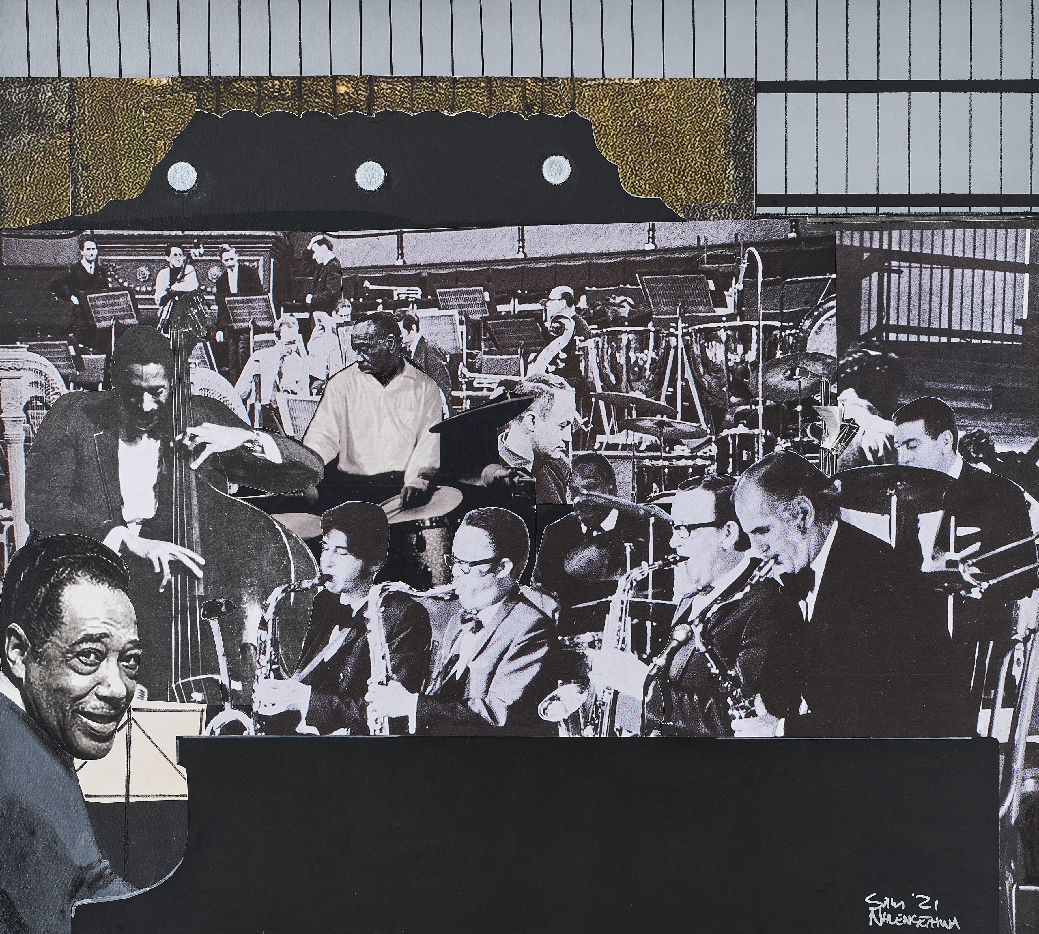 Duke Ellington and his band,&amp;nbsp;2021
Mixed media collage on canvas
90.2 x 100 x 9.8 cm
Enquire