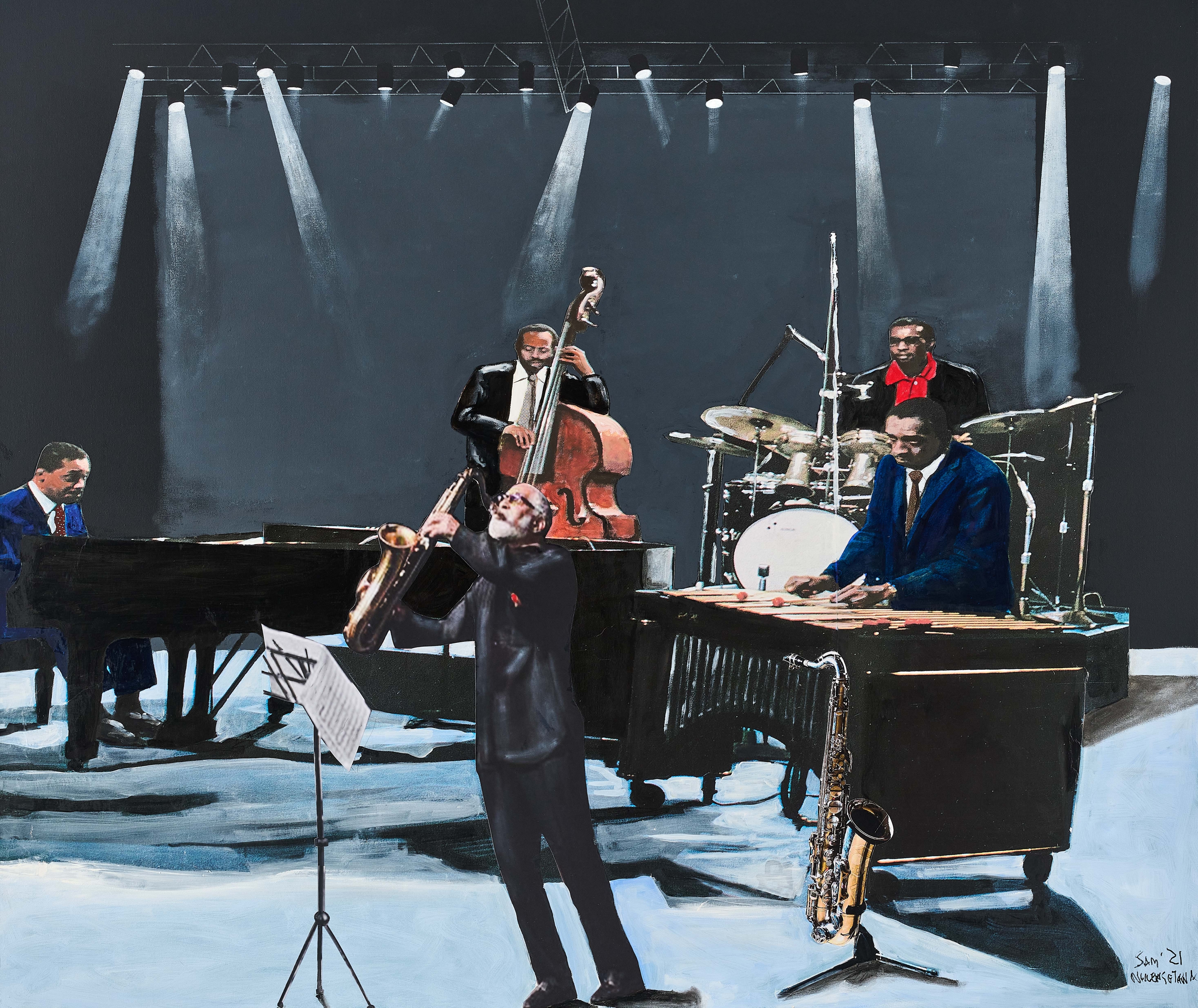 Modern jazz quartet with guest Sonny Rollins, 2021&amp;nbsp;

Mixed media on canvas

109.8 x 130 x 9.8 cm / 43.2 x 51.2 x 3.9 in.

Enquire